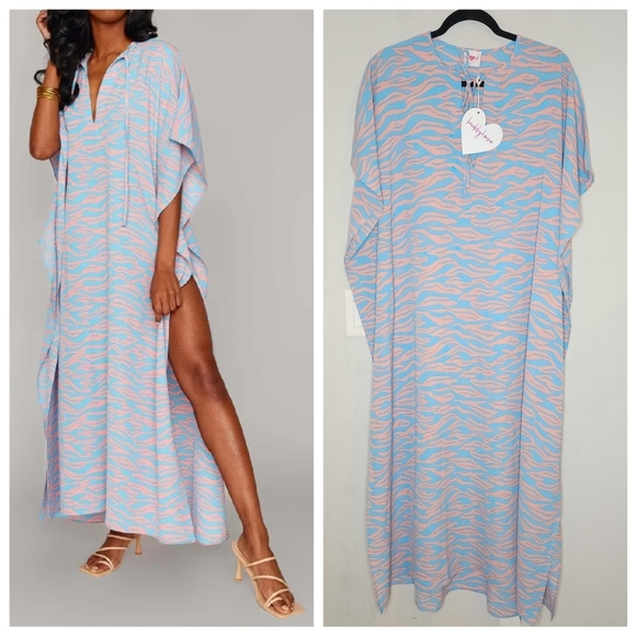 NWT BuddyLove Caftan Maxi Dress Flowy Blue Peach Coral Size S/M - Picture 1 of 16